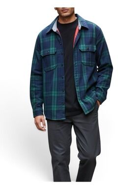 L.L. Bean Navy Green Plaid Quilted Lined Button-Up Shirt Shacket Jacket Mens L